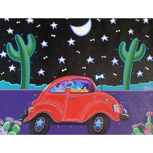 Bob Bonn Original Painting "Beagles In A Beetle” 2005 Signed Artwork 16x20 - Picture 1 of 7